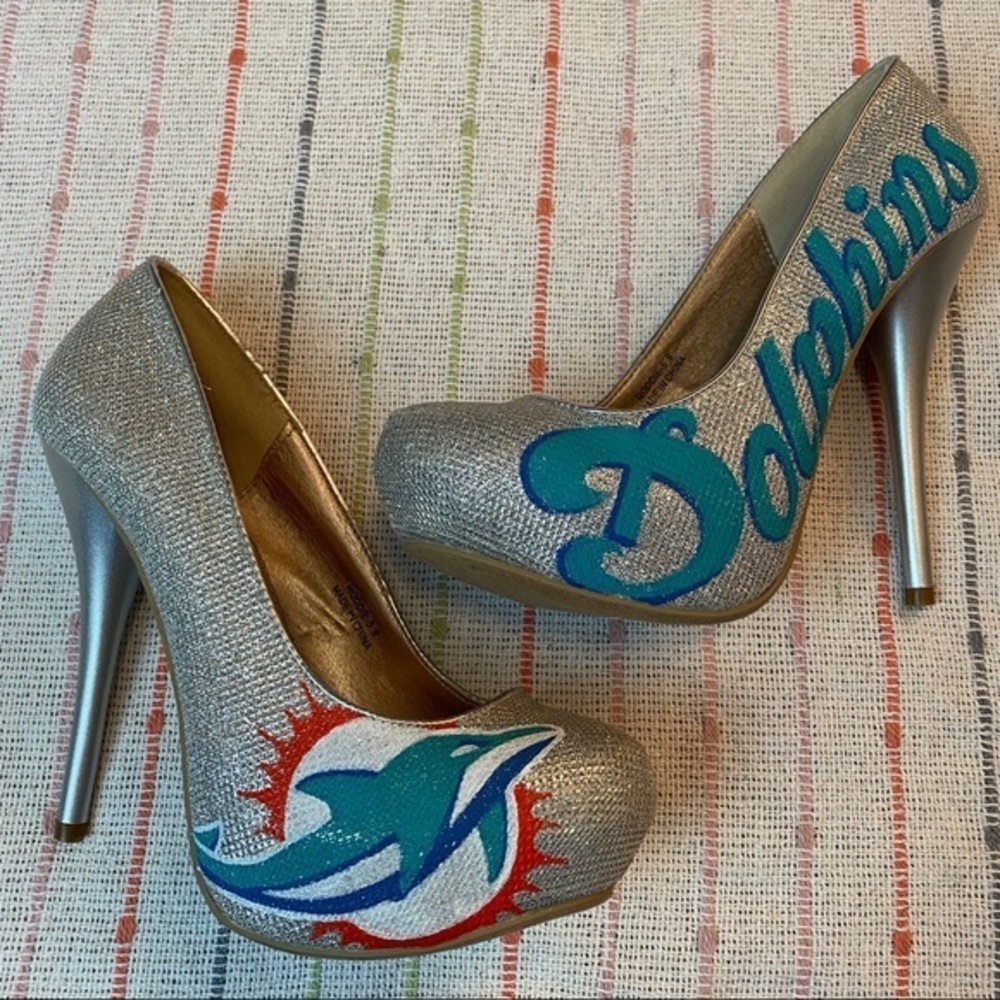 CUSTOM NFL Miami Dolphins Silver Bling heels